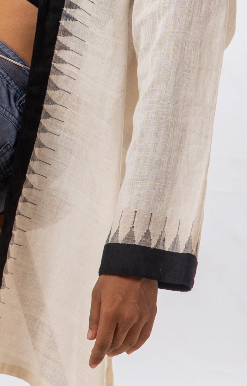 Black Temple Border Khadi Cotton Short Jacket