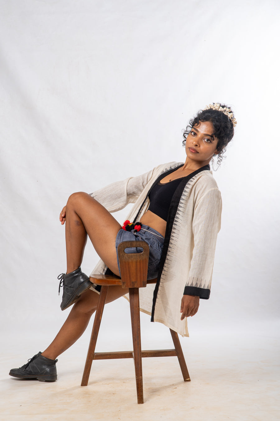 Black Temple Border Khadi Cotton Short Jacket
