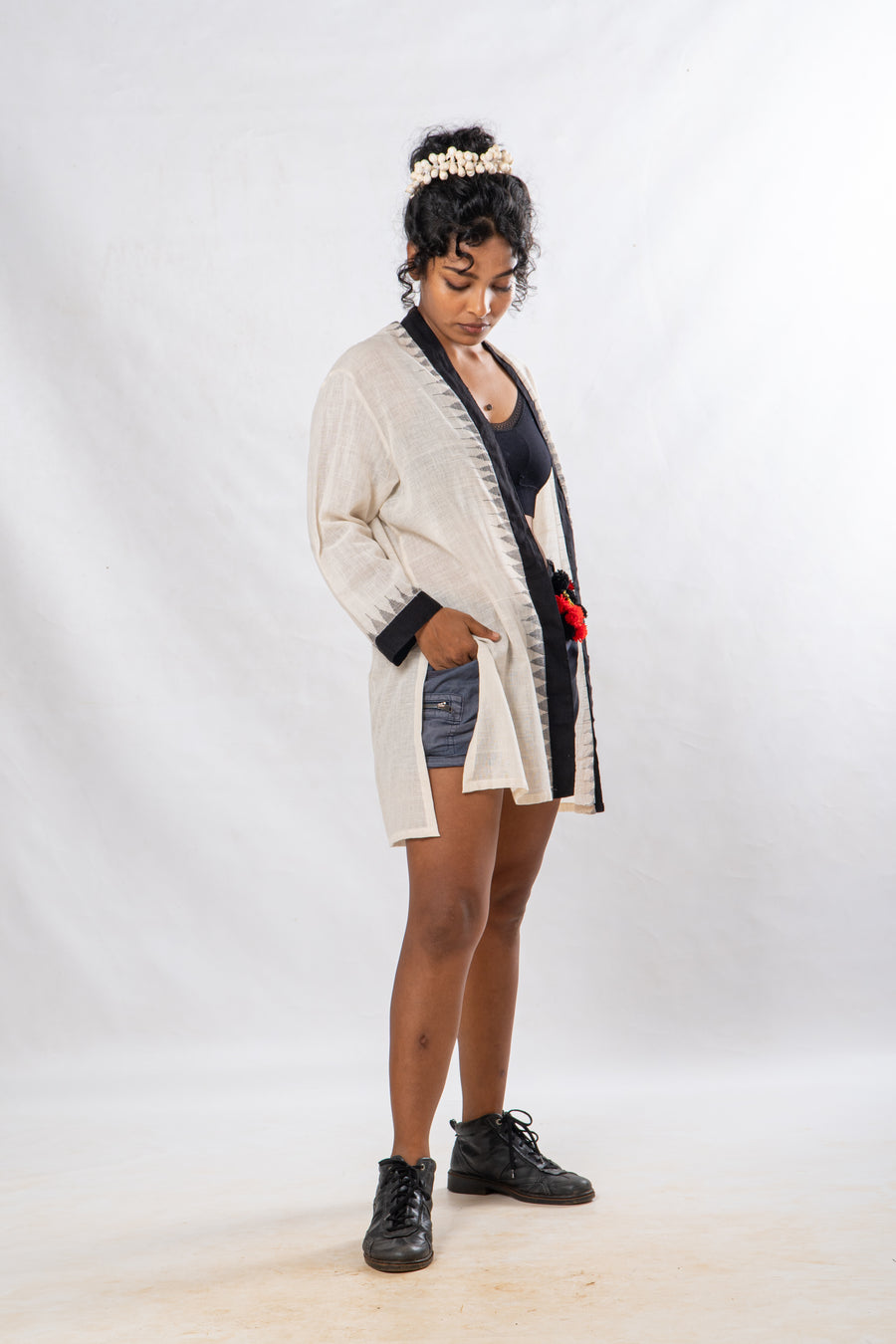 Black Temple Border Khadi Cotton Short Jacket