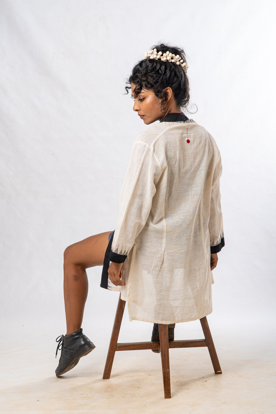 Black Temple Border Khadi Cotton Short Jacket