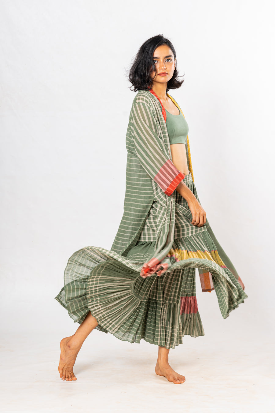 Set of 3- Bloom Green Crinkled Cotton Skirt Set