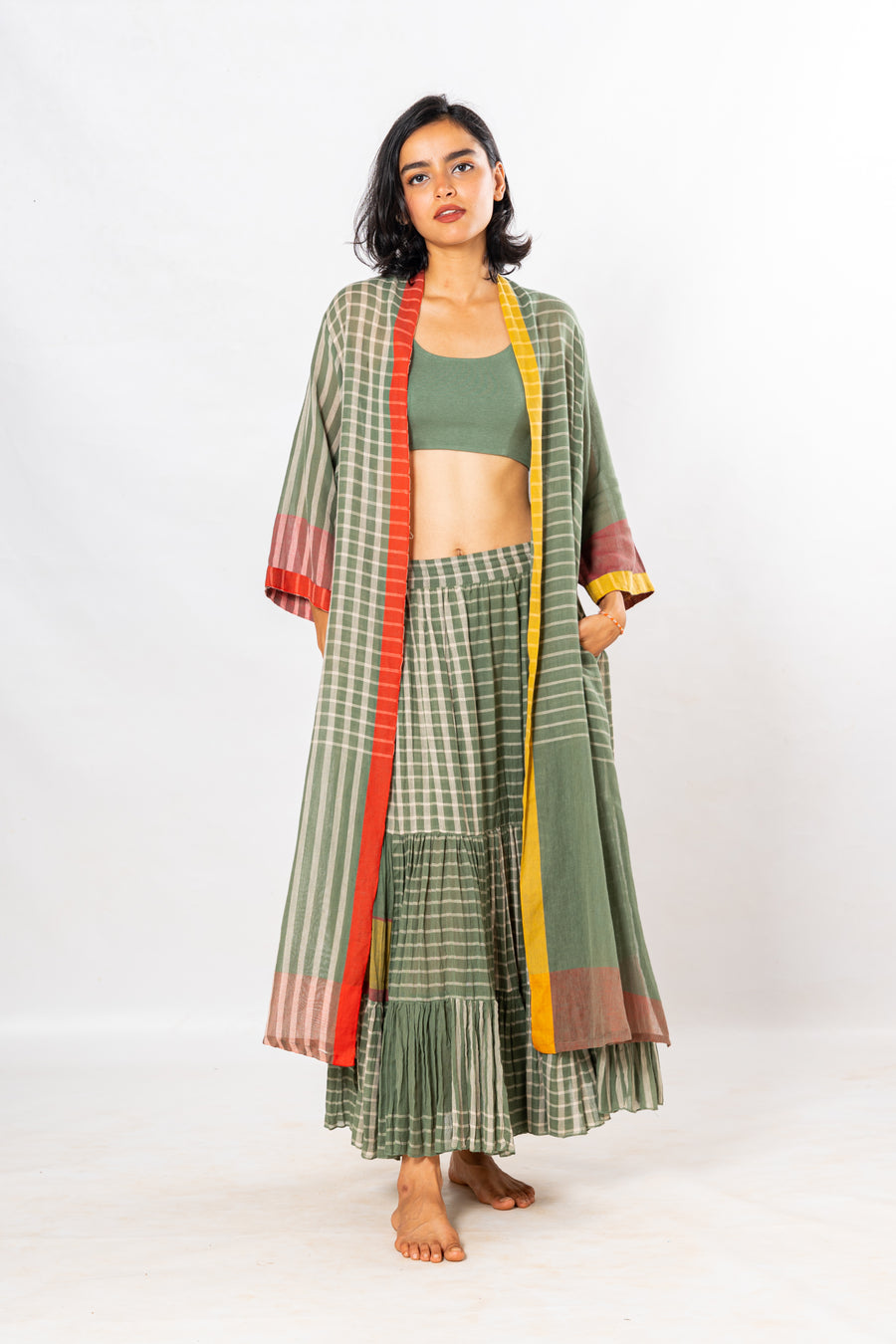 Set of 3- Bloom Green Crinkled Cotton Skirt Set