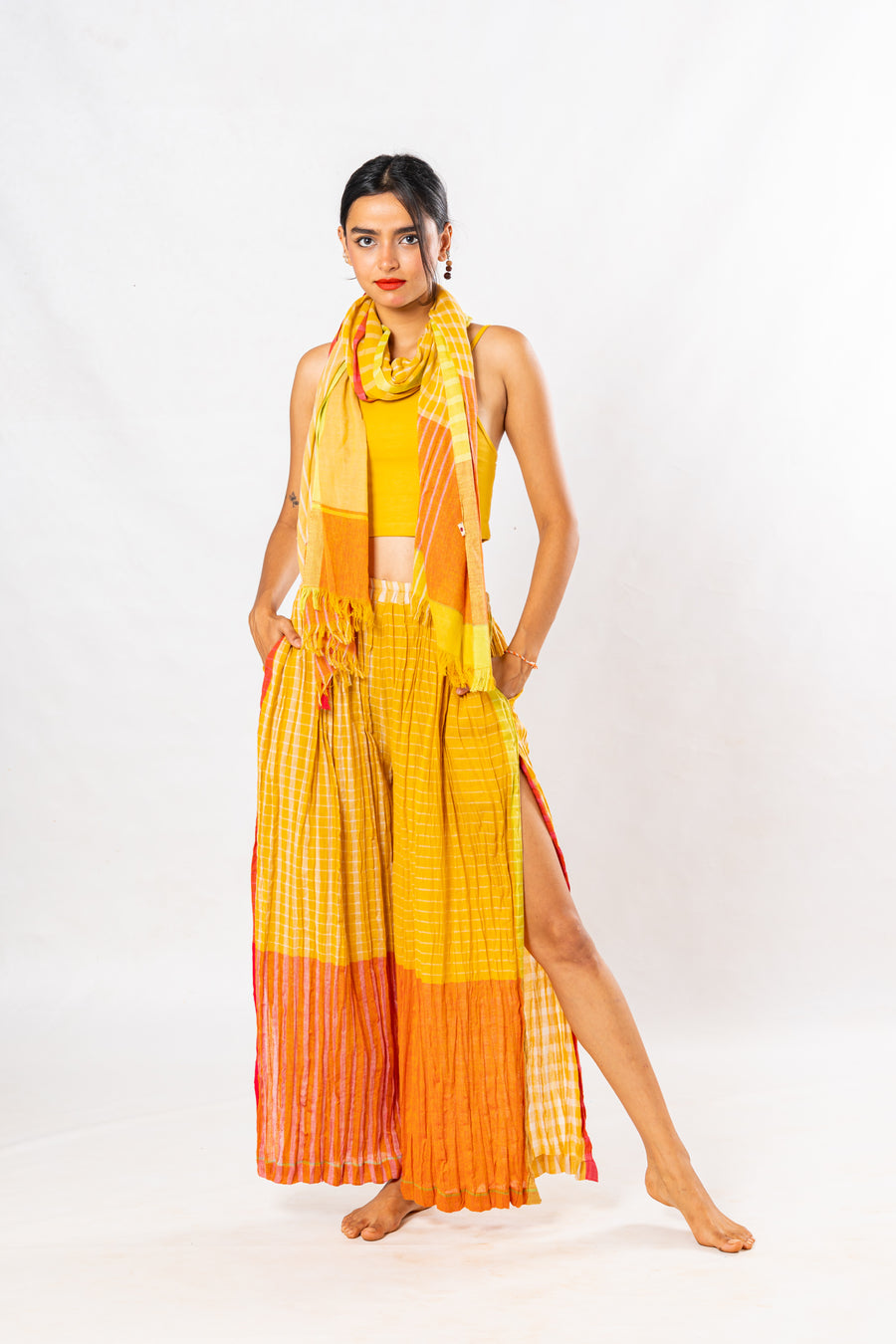 Set of 4- Bloom Turmeric Crinkled Cotton Pant Set