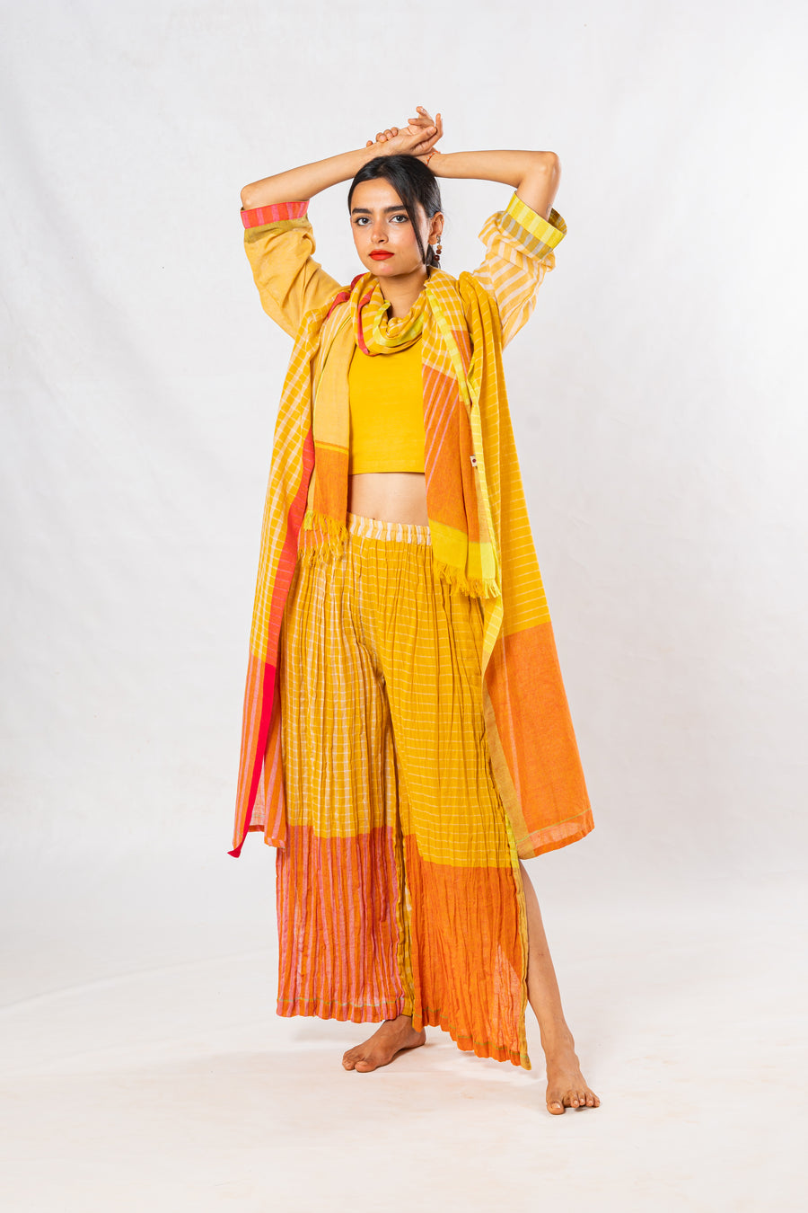 Set of 4- Bloom Turmeric Crinkled Cotton Pant Set