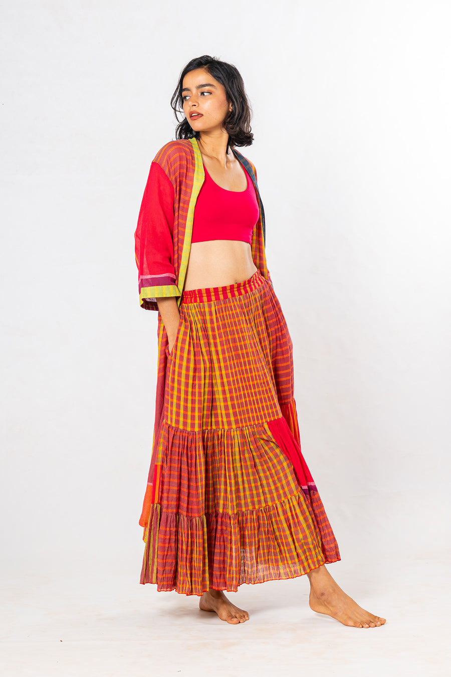 Set of 3- Bloom Pink Crinkled Cotton Skirt Set