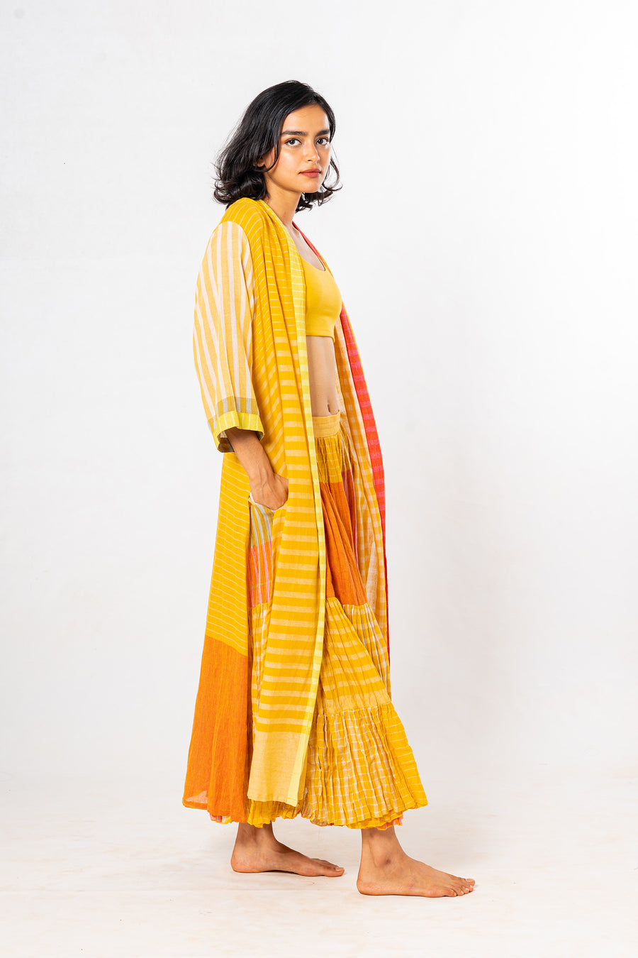 Set of 3- Bloom Turmeric Crinkled Cotton Skirt Set