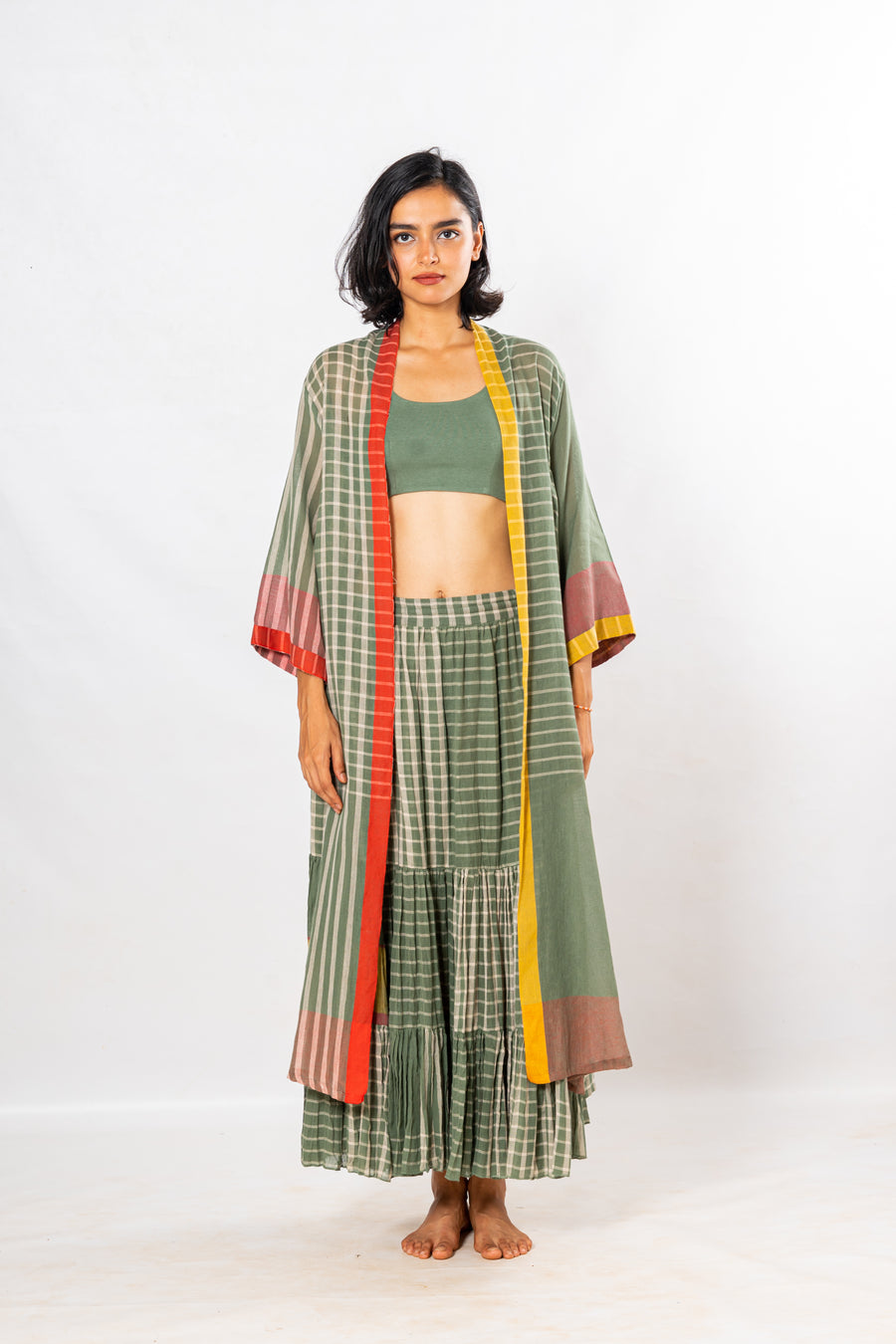 Set of 3- Bloom Green Crinkled Cotton Skirt Set