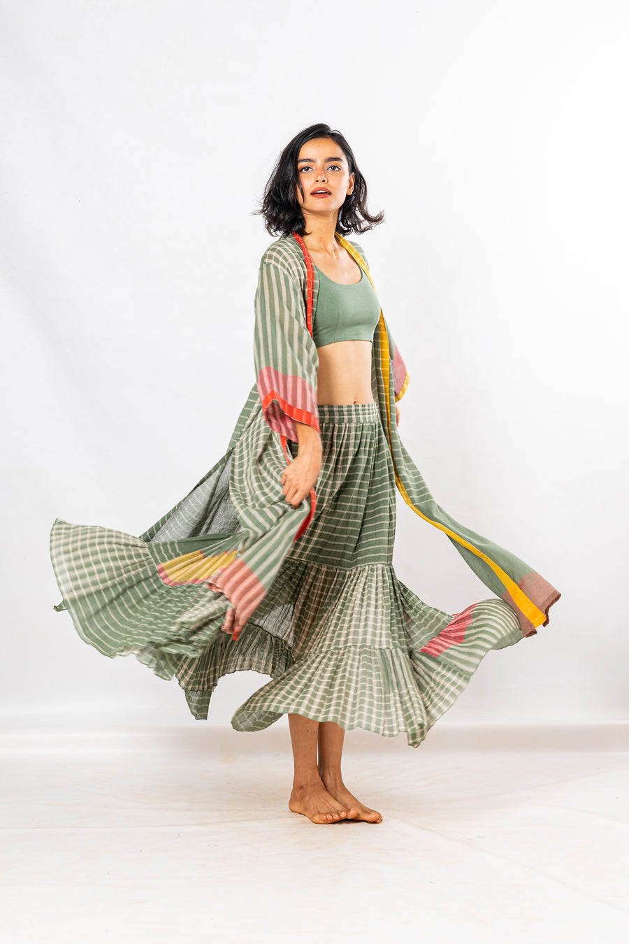 Set of 3- Bloom Green Crinkled Cotton Skirt Set