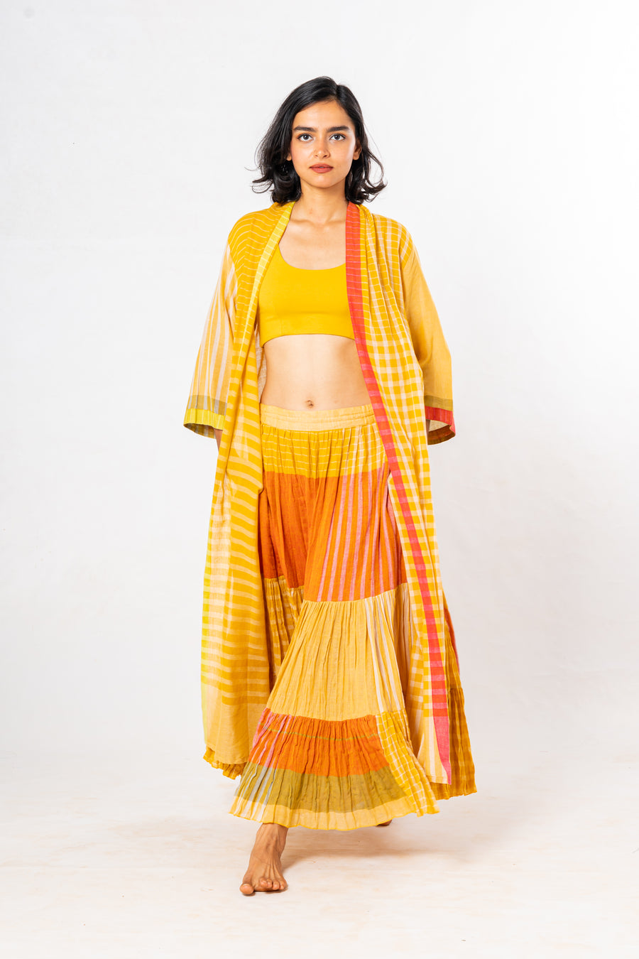 Set of 3- Bloom Turmeric Crinkled Cotton Skirt Set