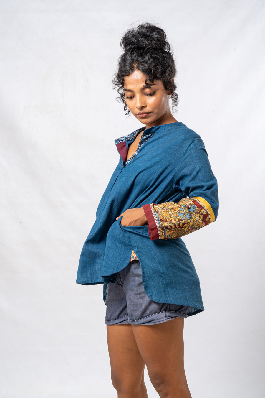 Blue Hand Painted Kalamkari Cuff High Low Hem Top