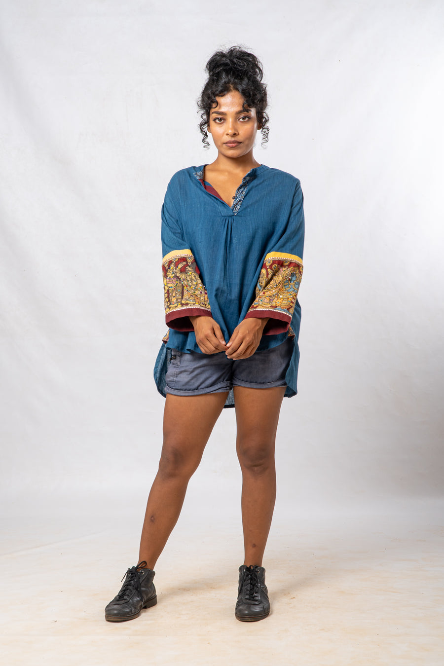 Blue Hand Painted Kalamkari Cuff High Low Hem Top