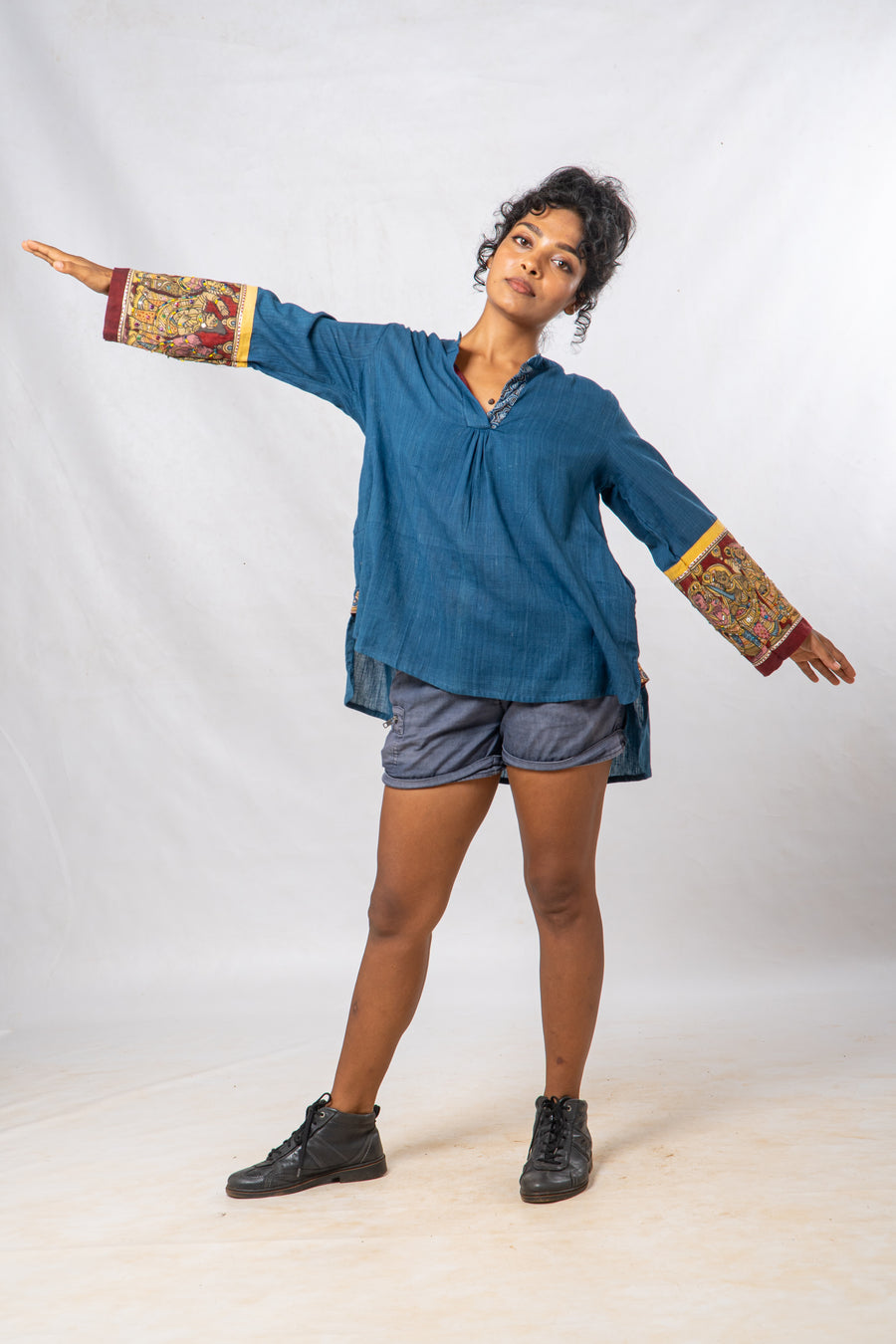 Blue Hand Painted Kalamkari Cuff High Low Hem Top