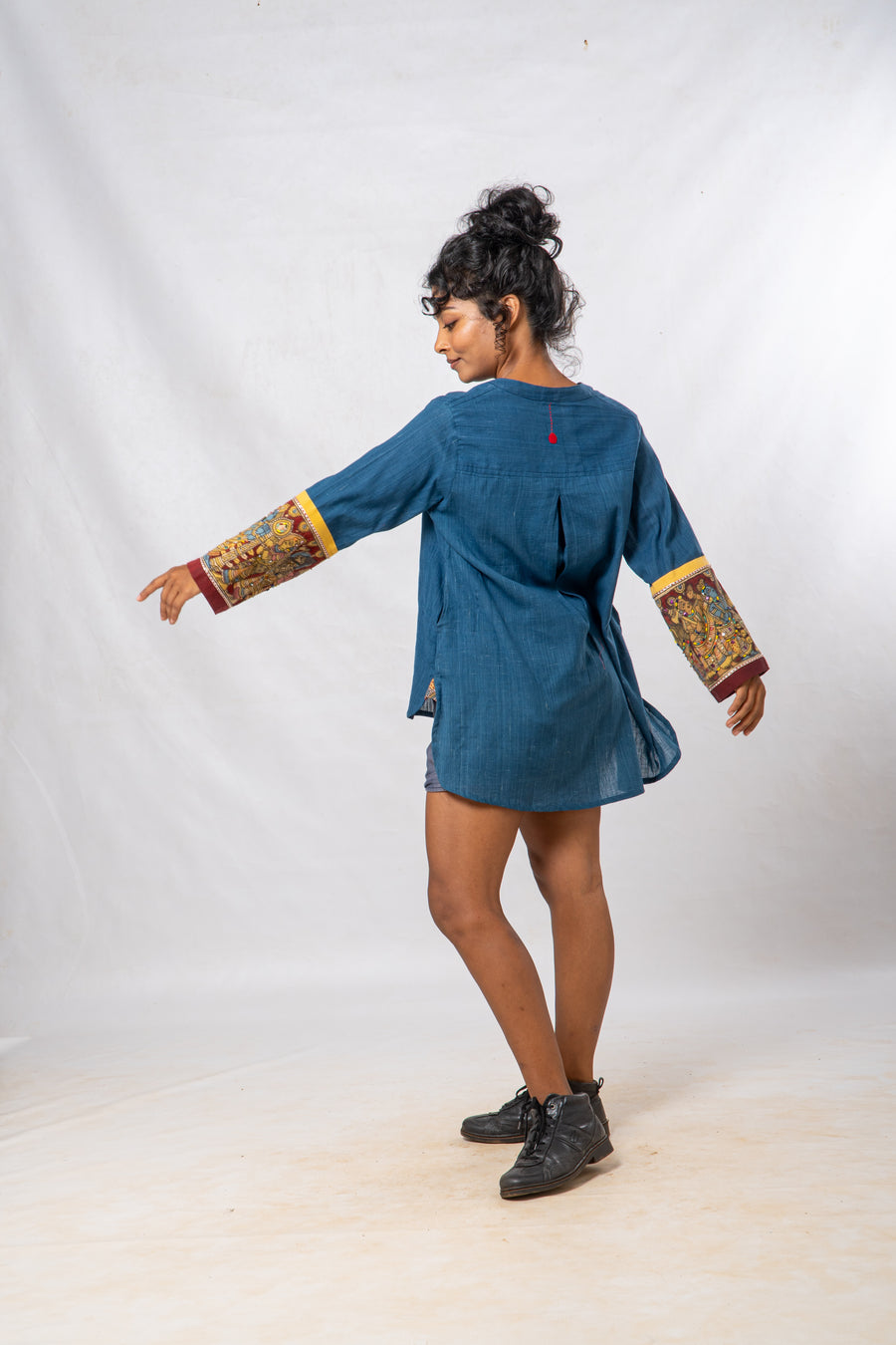Blue Hand Painted Kalamkari Cuff High Low Hem Top