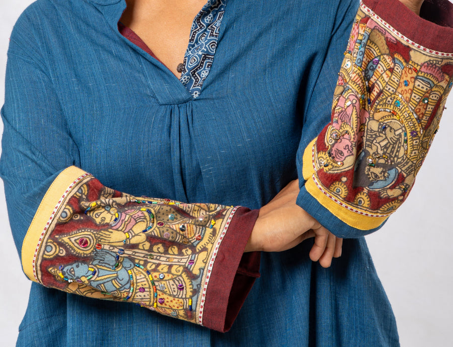 Blue Hand Painted Kalamkari Cuff High Low Hem Top