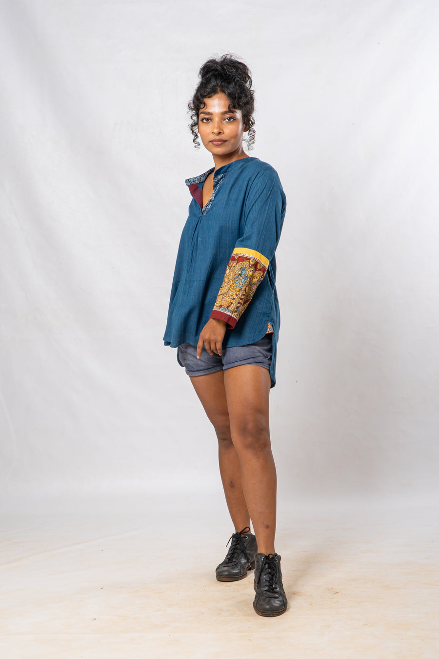 Blue Hand Painted Kalamkari Cuff High Low Hem Top