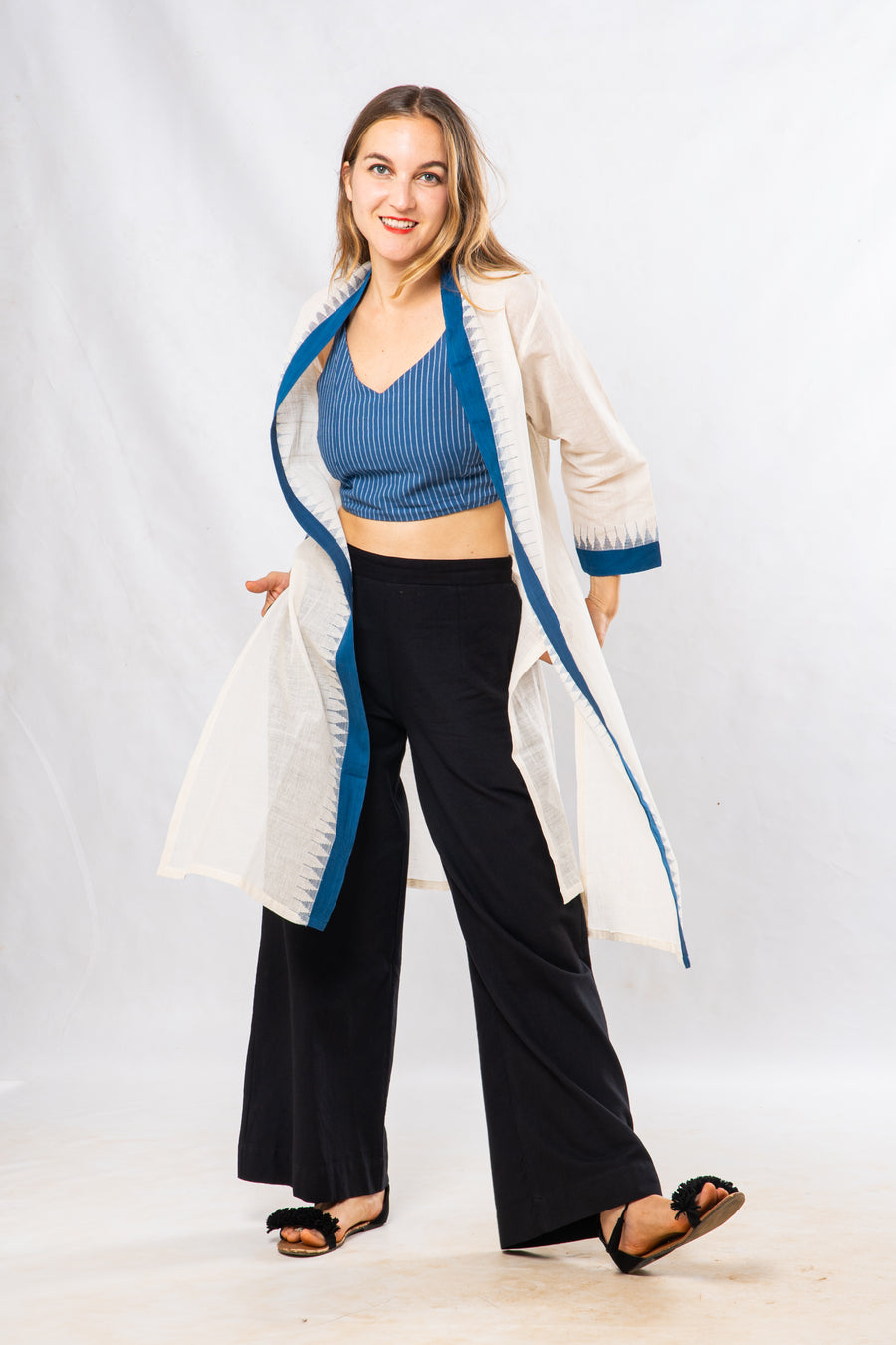 Blue Temple Border Khadi Cotton Long Jacket