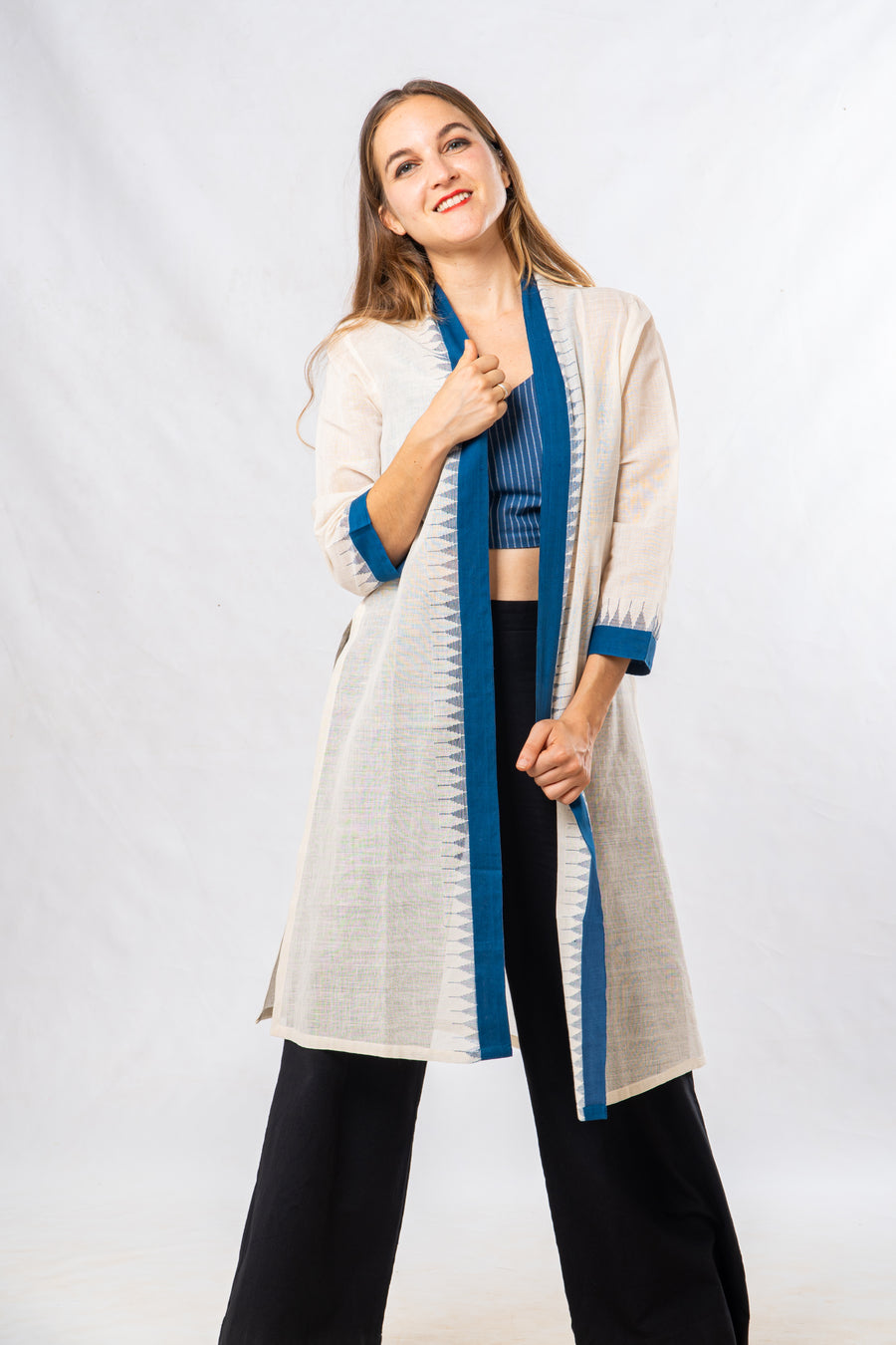 Blue Temple Border Khadi Cotton Long Jacket