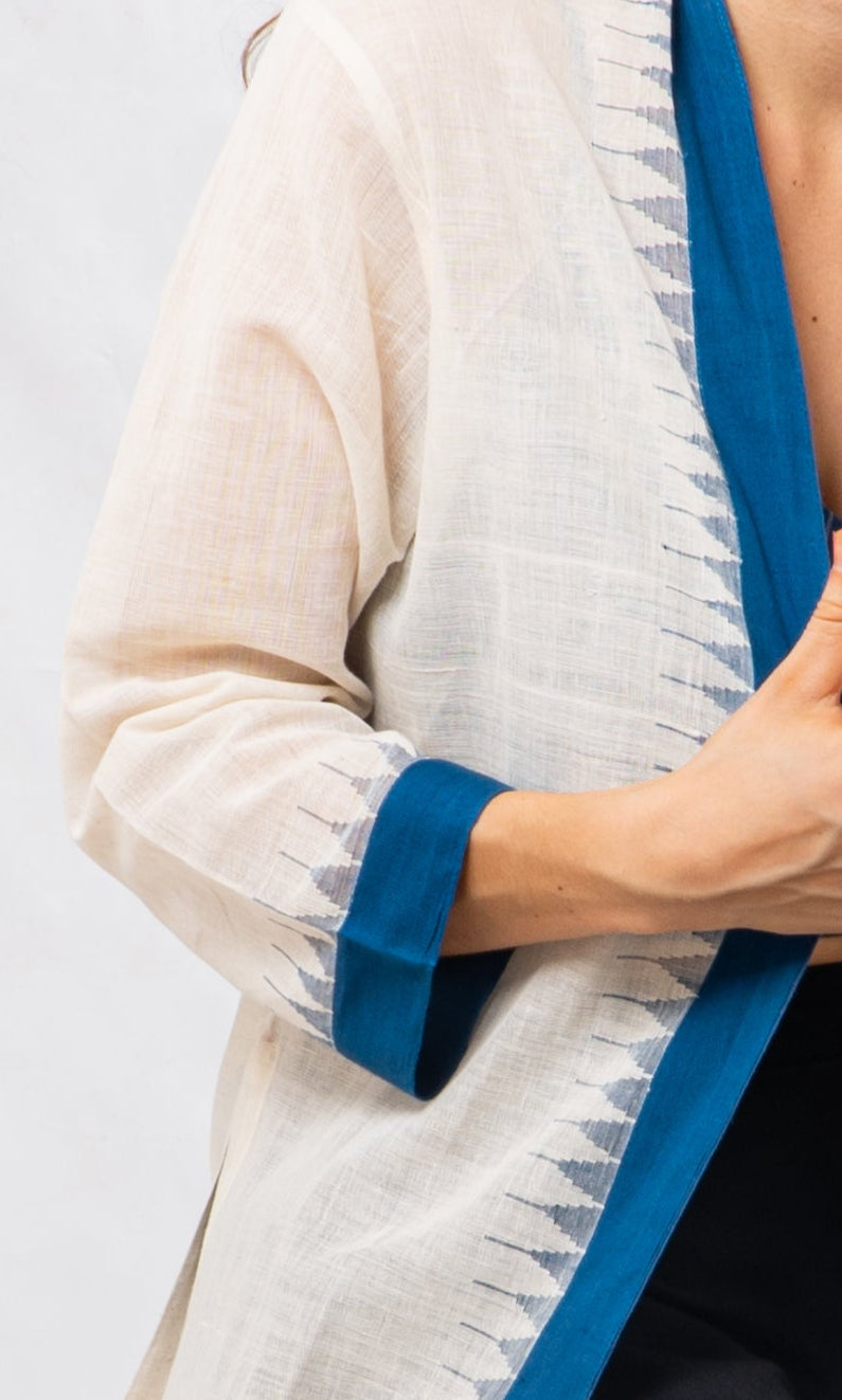 Blue Temple Border Khadi Cotton Long Jacket