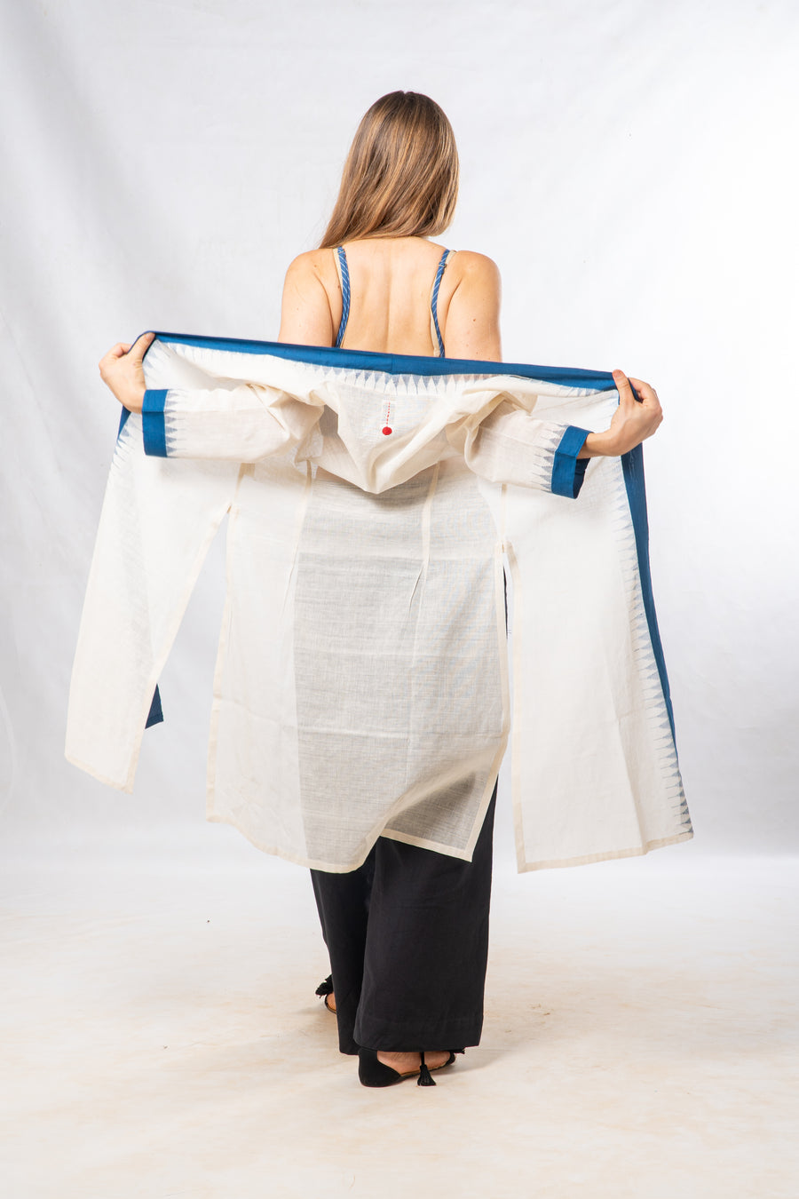 Blue Temple Border Khadi Cotton Long Jacket