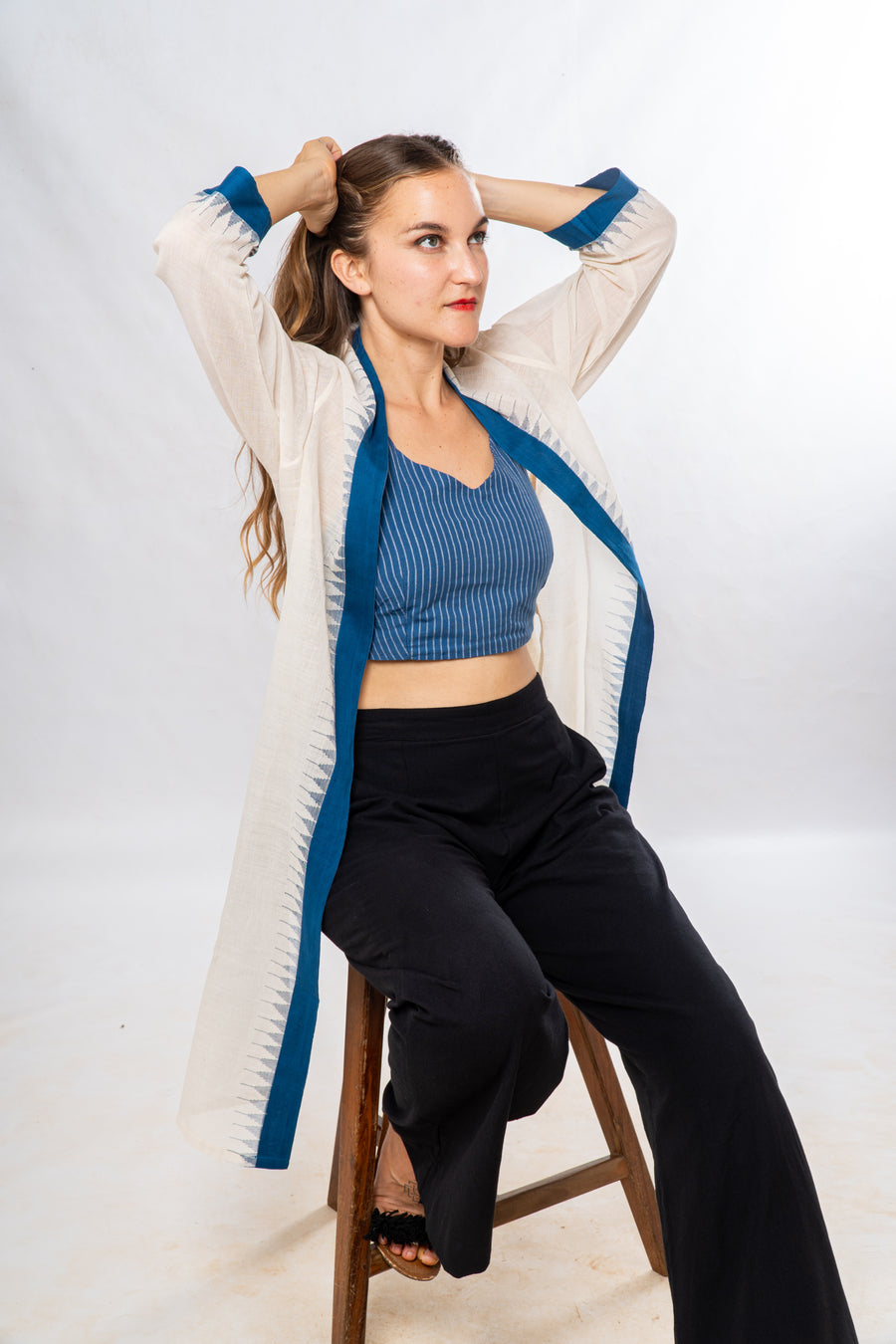 Blue Temple Border Khadi Cotton Long Jacket