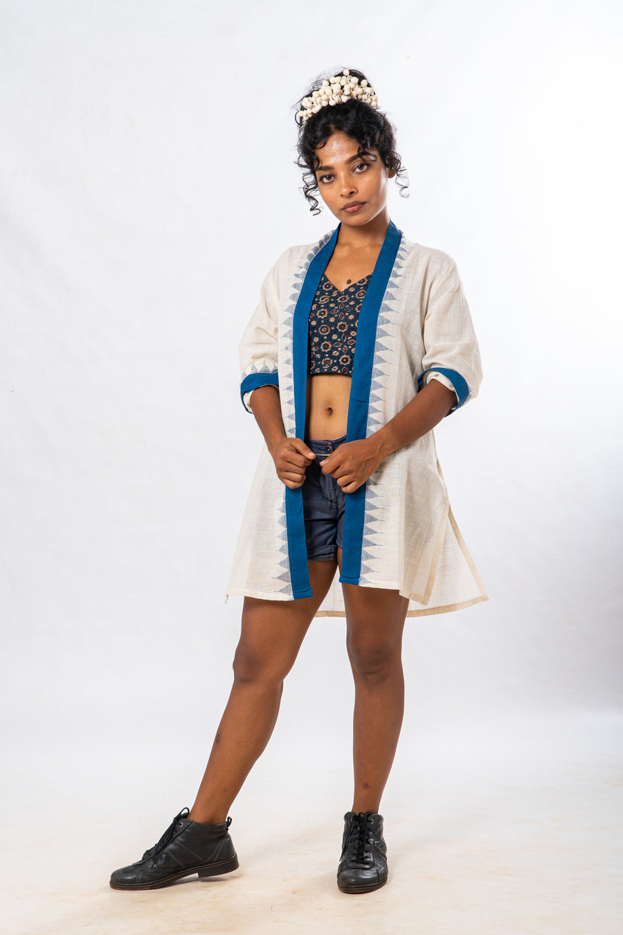 Blue Temple Border Khadi Cotton Short Jacket