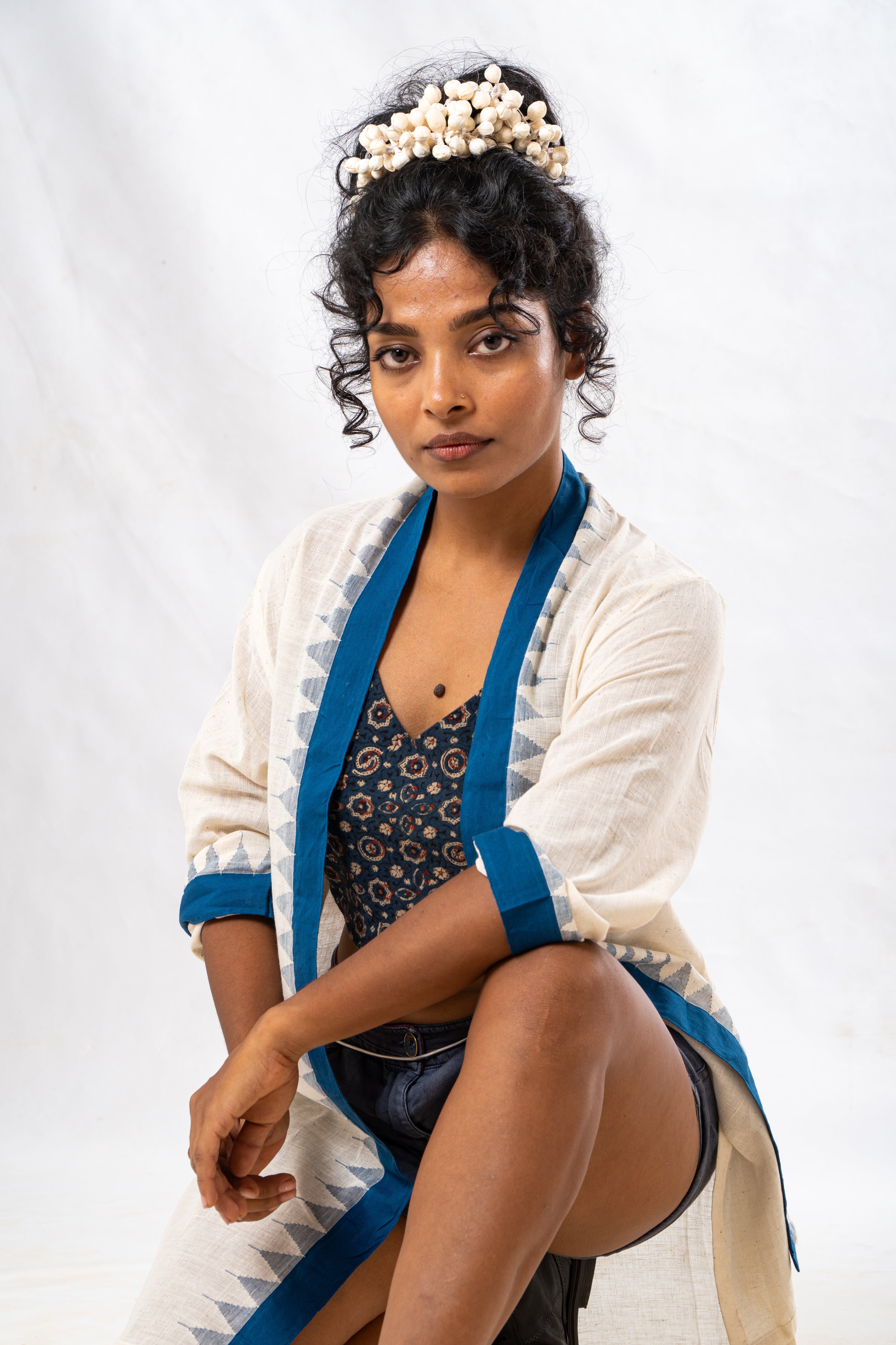 Blue Temple Border Khadi Cotton Short Jacket
