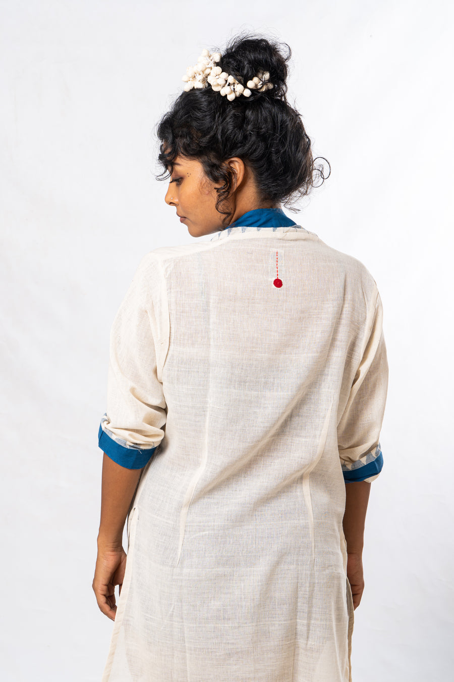 Blue Temple Border Khadi Cotton Short Jacket