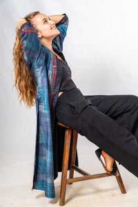 Blue Tussar Silk Hand Painted Embroidered Long Jacket image 4