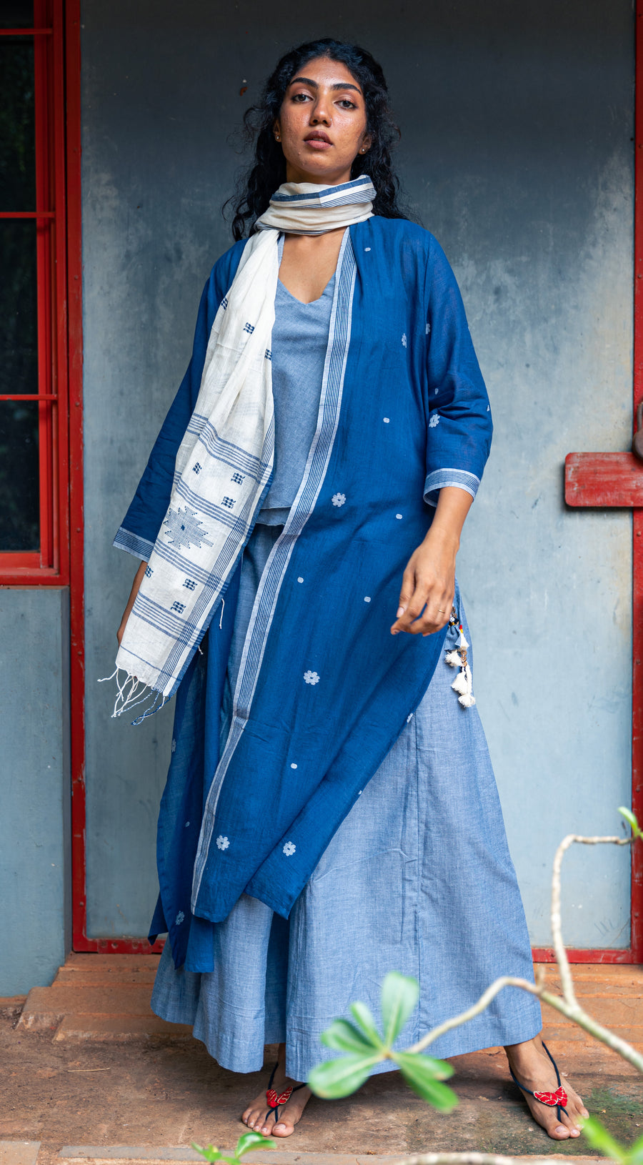 3 pcs set- Blue Hand Spun Khadi Jamdani Set