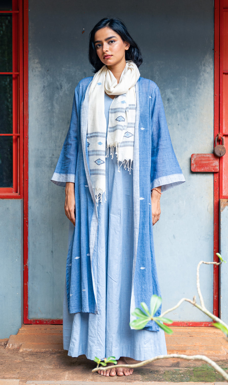3 pcs set- Lt. Blue Khadi Jamdani Wideleg Jumpsuit Set
