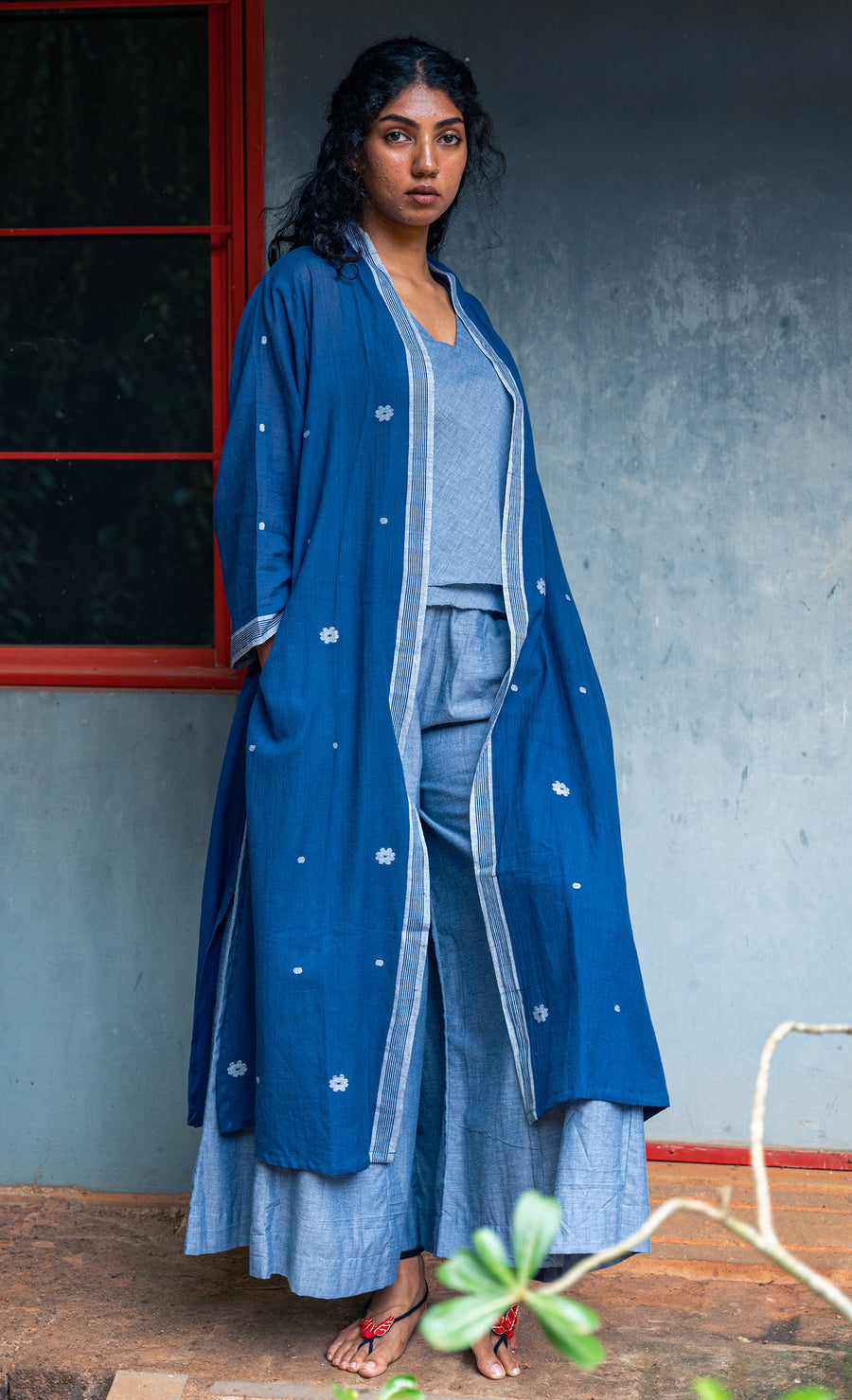 3 pcs set- Blue Hand Spun Khadi Jamdani Set