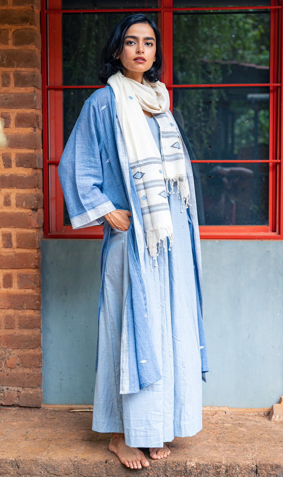 3 pcs set- Lt. Blue Khadi Jamdani Wideleg Jumpsuit Set