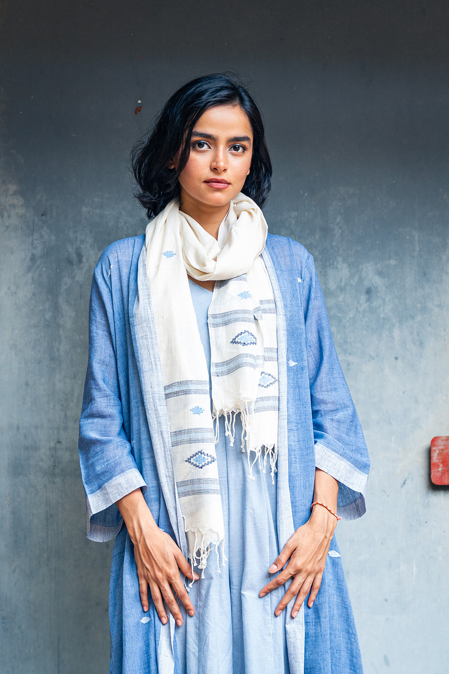 3 pcs set- Lt. Blue Khadi Jamdani Wideleg Jumpsuit Set