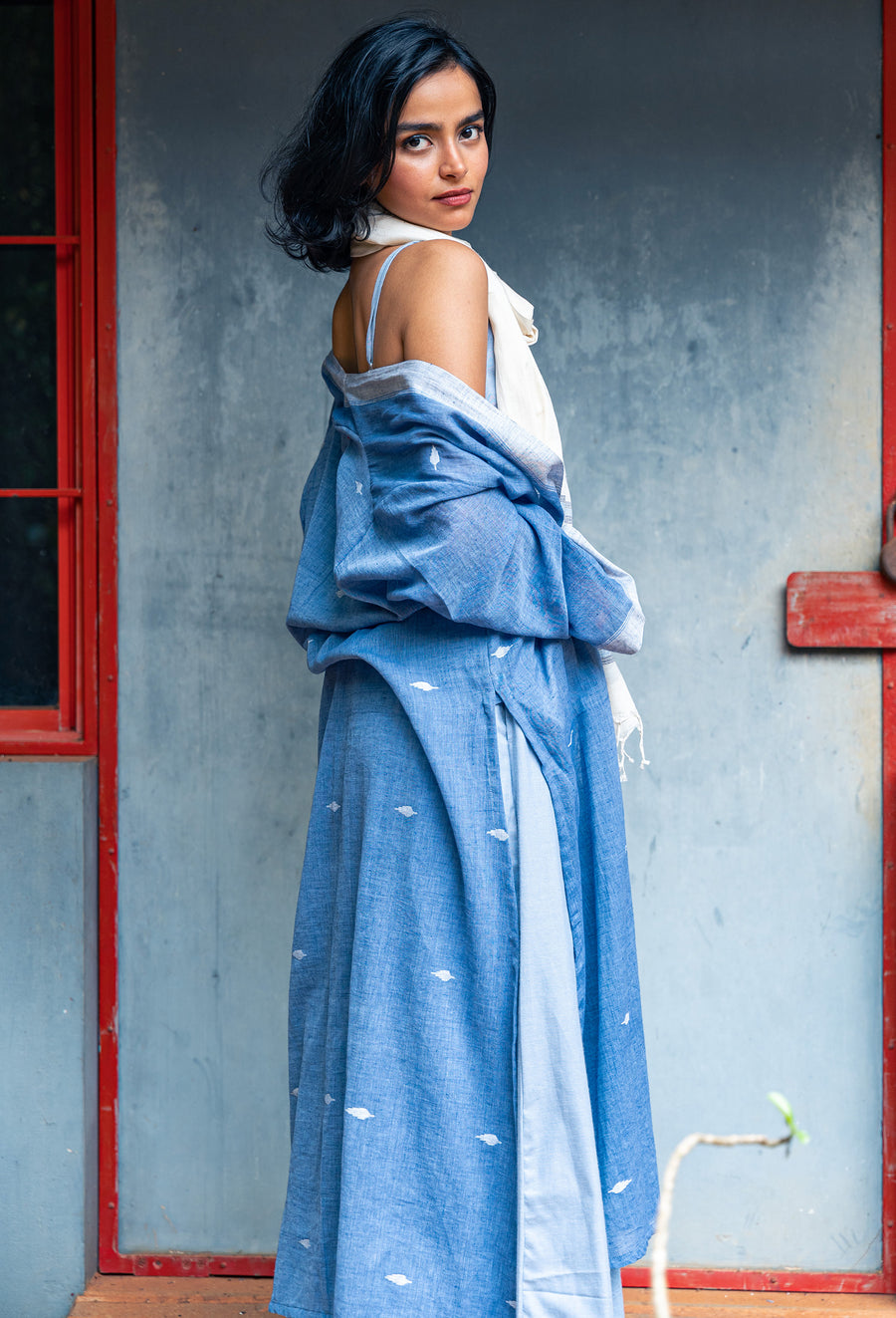 3 pcs set- Lt. Blue Khadi Jamdani Wideleg Jumpsuit Set