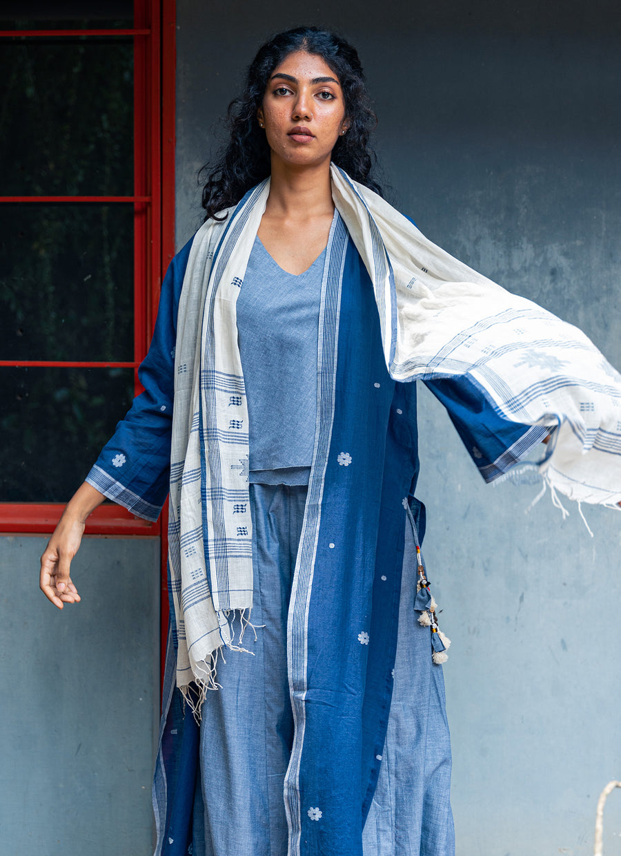 3 pcs set- Blue Hand Spun Khadi Jamdani Set