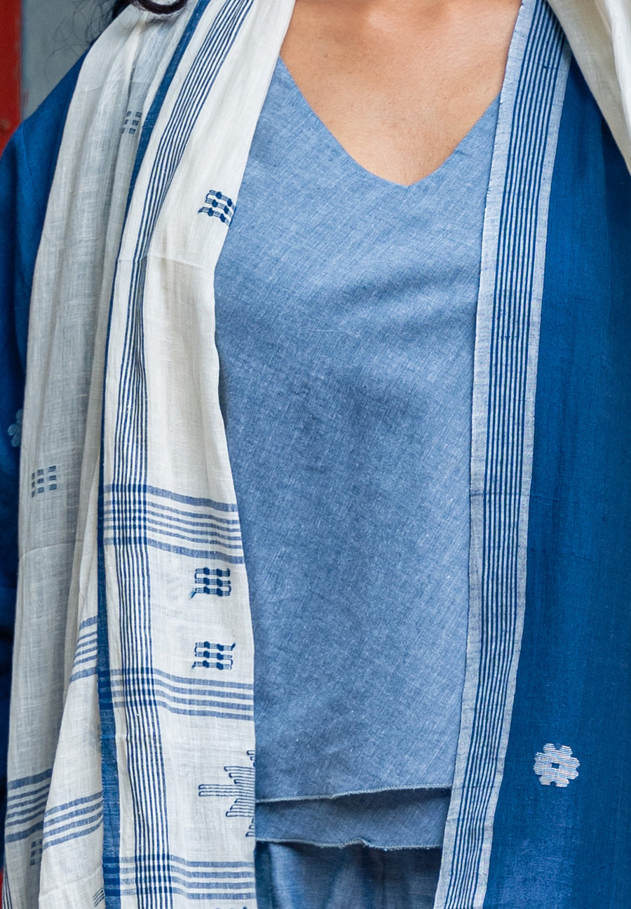 3 pcs set- Blue Hand Spun Khadi Jamdani Set