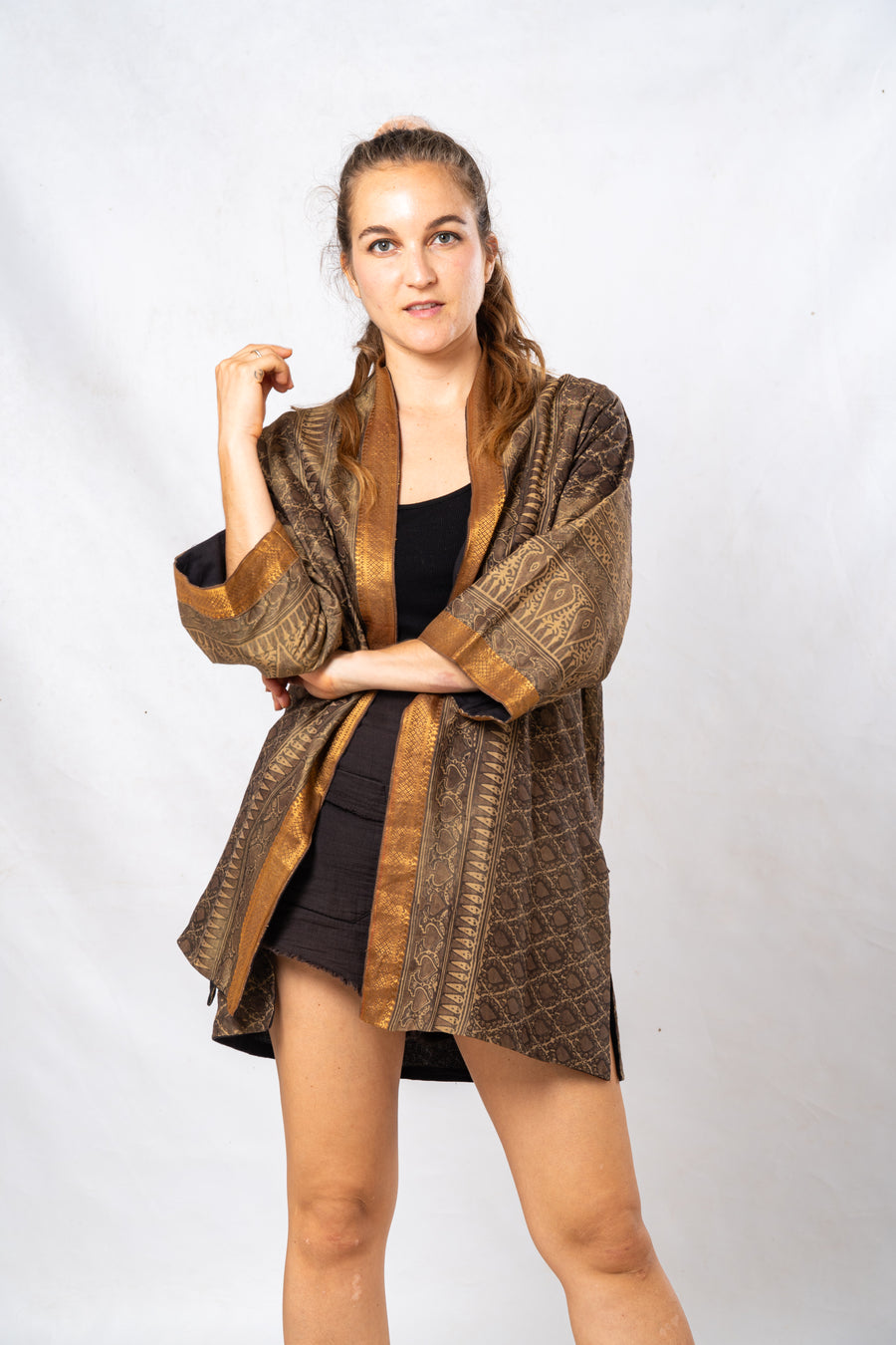 Brown Madurai Silk Hand Painted Gold Zari Short Jacket