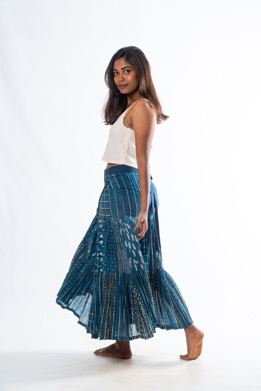 Navy Hand Block Print Convertible wrap skirt with tie-up