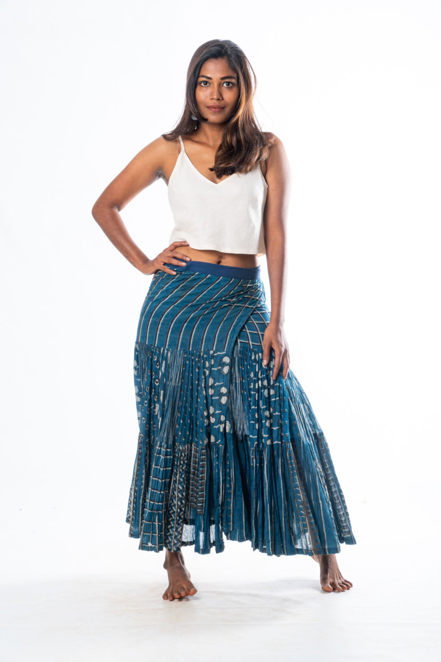 Navy Hand Block Print Convertible wrap skirt with tie-up