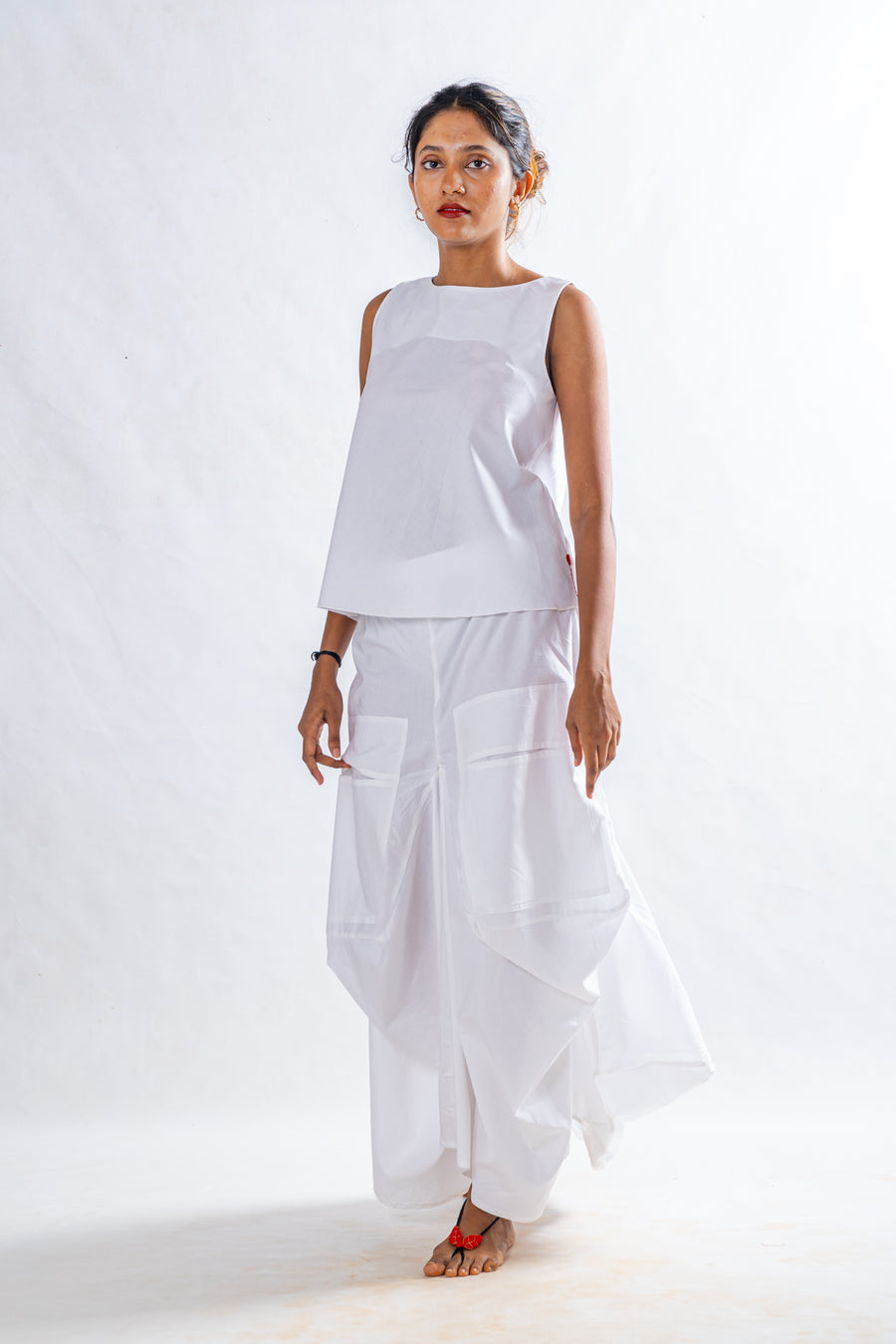 Set of 2- White Organic cotton Top, Pocket Skirt