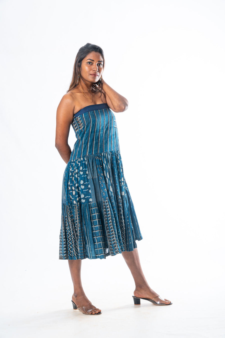 Navy Hand Block Print Convertible wrap skirt with tie-up