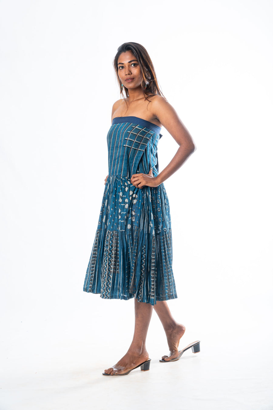Navy Hand Block Print Convertible wrap skirt with tie-up