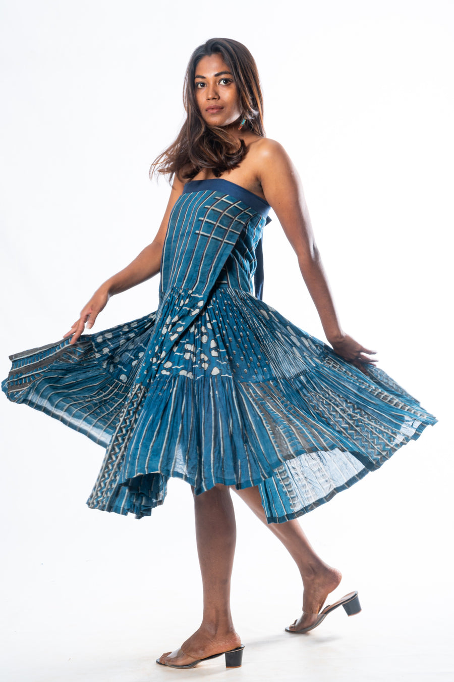 Navy Hand Block Print Convertible wrap skirt with tie-up