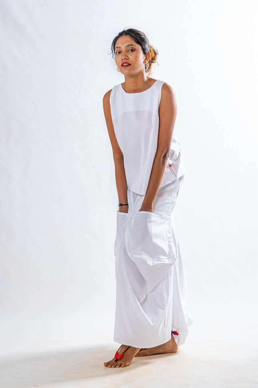 Set of 2- White Organic cotton Top, Pocket Skirt