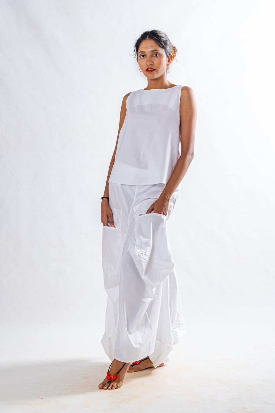 Set of 2- White Organic cotton Top, Pocket Skirt