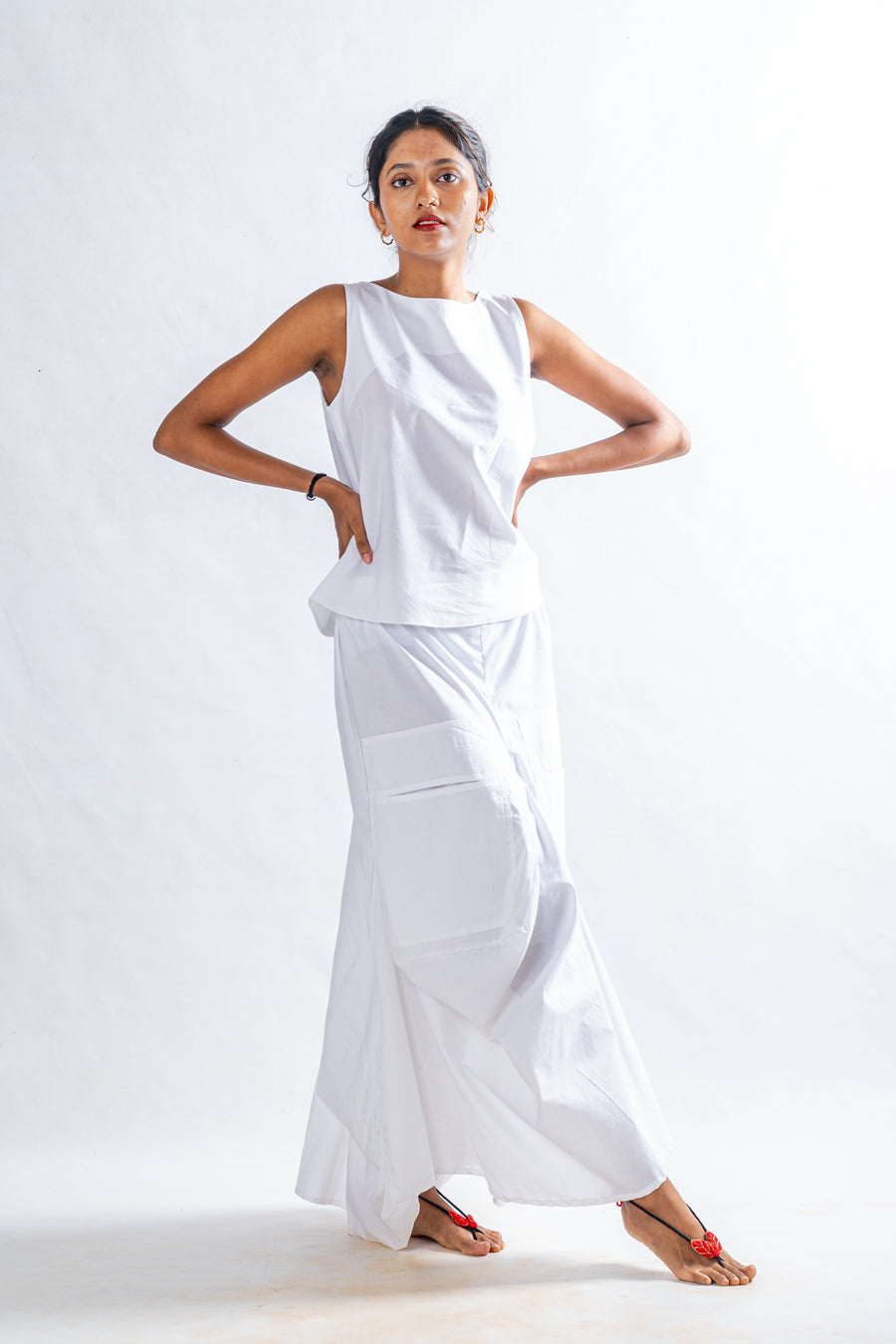 Set of 2- White Organic cotton Top, Pocket Skirt