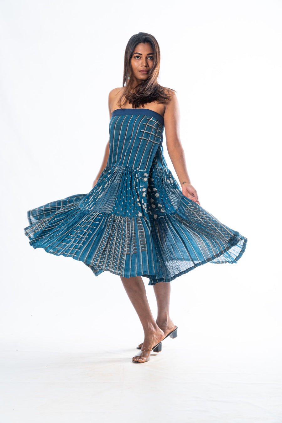 Navy Hand Block Print Convertible wrap skirt with tie-up