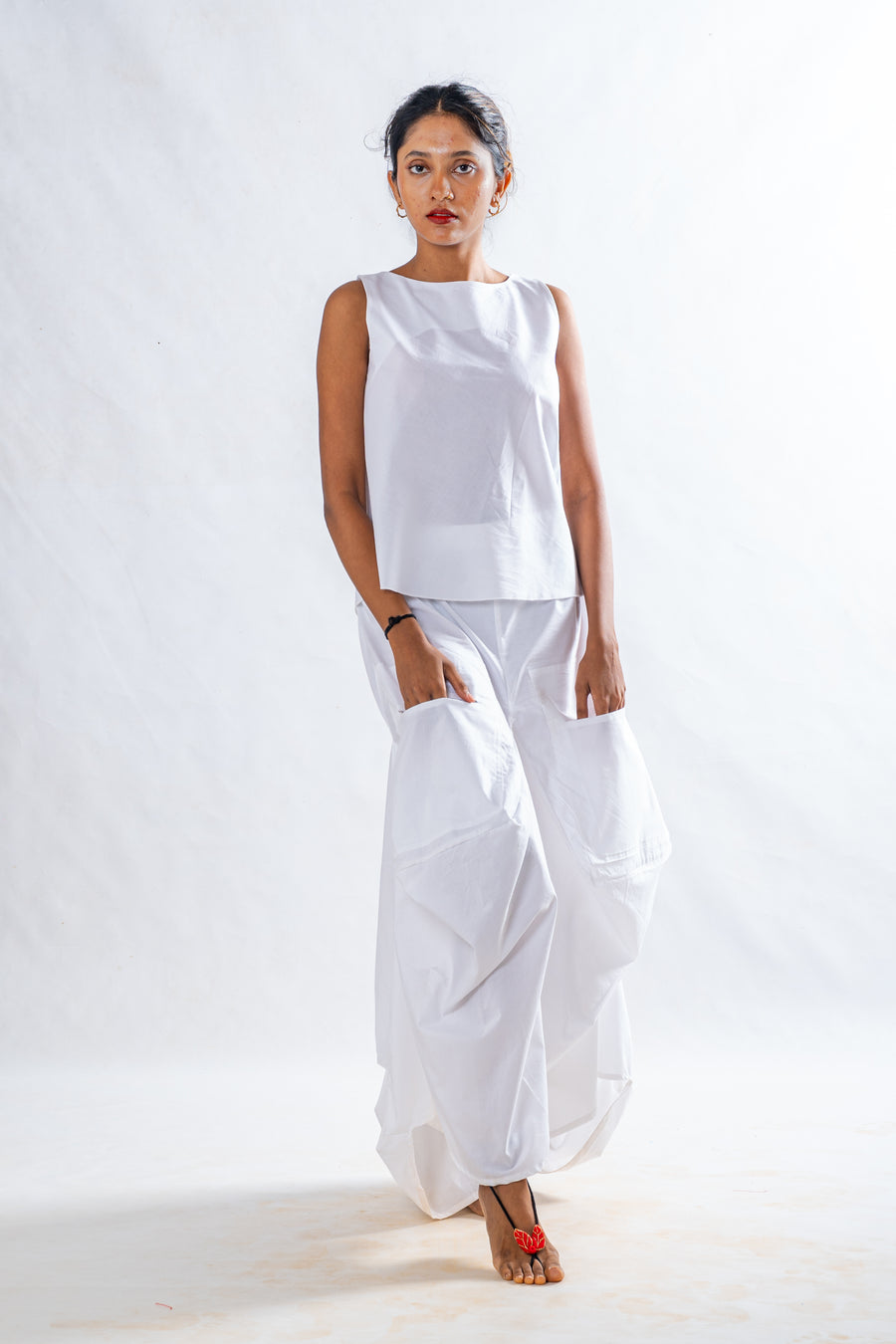 Set of 2- White Organic cotton Top, Pocket Skirt