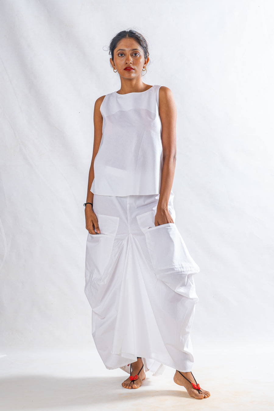 Set of 2- White Organic cotton Top, Pocket Skirt