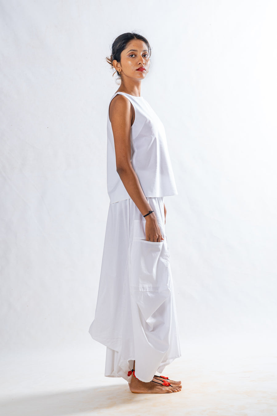 Set of 2- White Organic cotton Top, Pocket Skirt